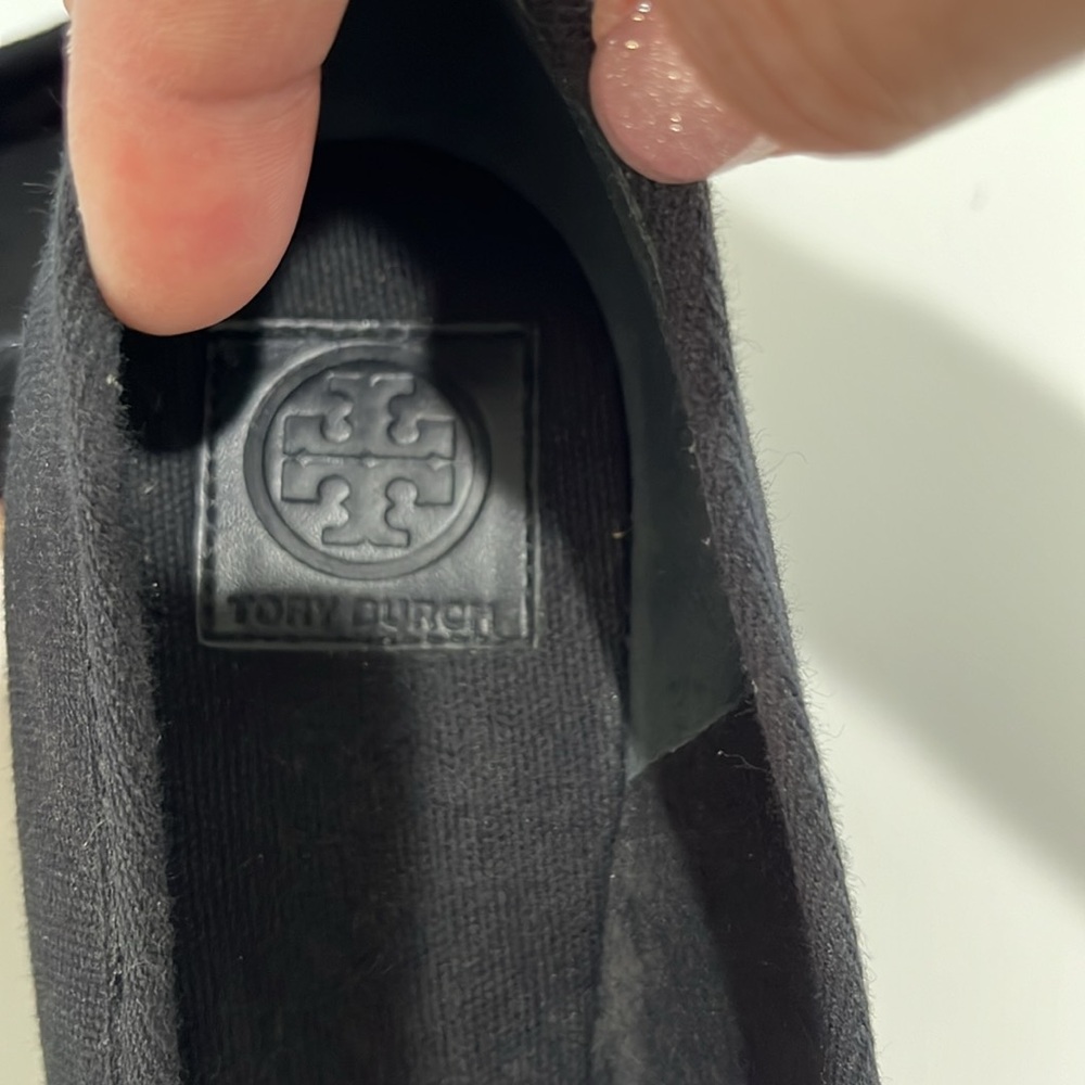 Tory Burch Black Canvas Wedge Espadrille Peep-Toe Pumps with Logo Bow - Picture 8 of 12
